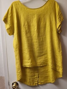Yellow Linen High-Low Short Sleeve Blouse, Medium